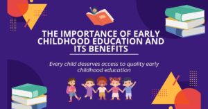 Colorful illustration featuring books, children, and geometric shapes with the text 'The Importance of Early Childhood Education and Its Benefits. Every child deserves access to quality early childhood education.'