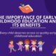 Colorful illustration featuring books, children, and geometric shapes with the text 'The Importance of Early Childhood Education and Its Benefits. Every child deserves access to quality early childhood education.'