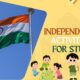 Indian flag waving against blue sky next to yellow banner reading 'Independence Day Activity Ideas for Students'. Children engaged in various activities below.