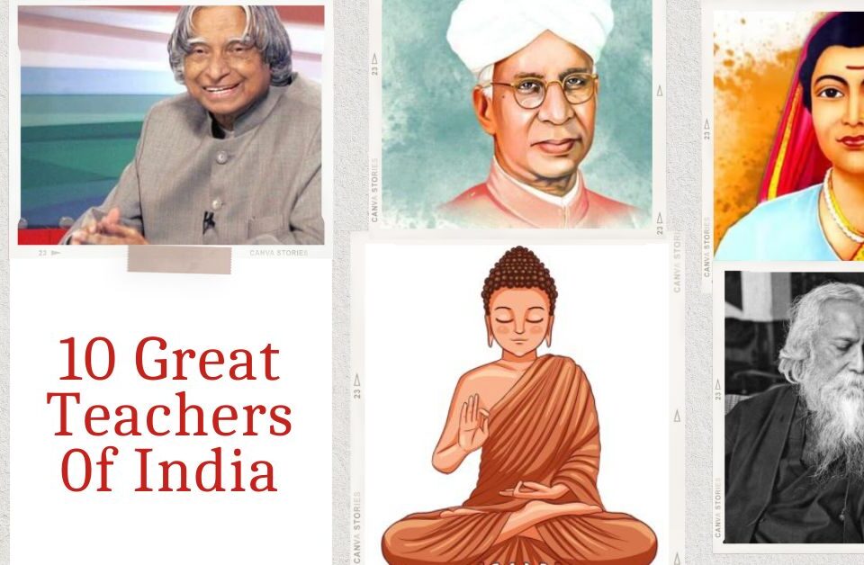 Images of 10 great teachers of India, including Dr. APJ Abdul Kalam, Radhakrishnan, Phule, Buddha, and Rabindranath Tagore.