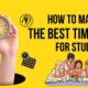 Illustration of students creating a study timetable with a hand holding a clock and various time-related icons on a yellow background.