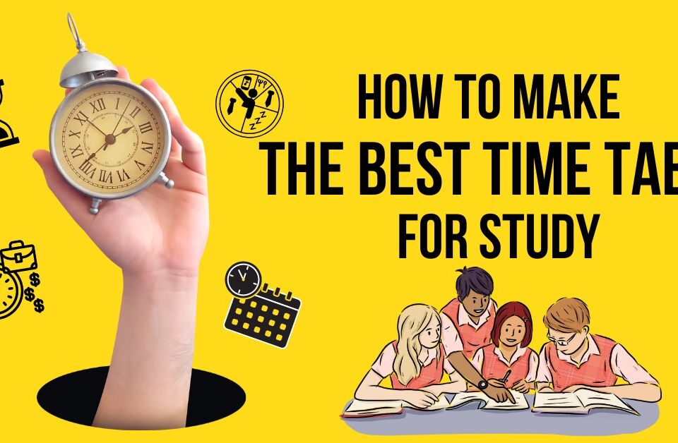 Illustration of students creating a study timetable with a hand holding a clock and various time-related icons on a yellow background.