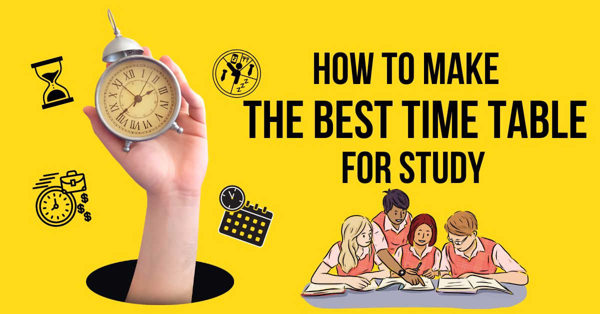 Illustration of students creating a study timetable with a hand holding a clock and various time-related icons on a yellow background.