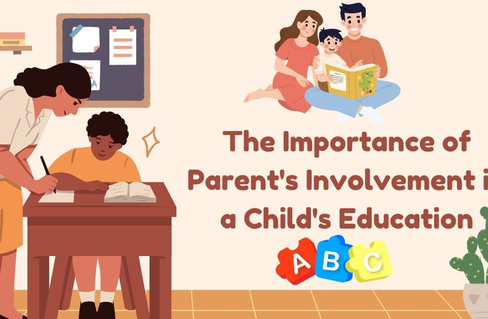 Illustration of parental involvement in child education, featuring a mother helping with homework and a father reading, emphasizing family learning.