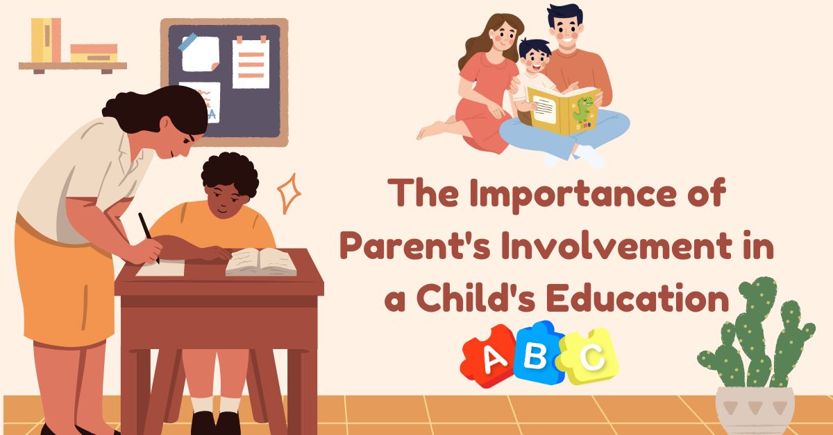 Illustration of parental involvement in child education, featuring a mother helping with homework and a father reading, emphasizing family learning.