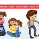 Illustration showing tips for teaching children about good touch vs bad touch, highlighting positive interactions like hugs and harmful actions with visuals of happy and uncomfortable expressions.