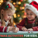 Two kids enjoying Christmas-themed crafts at school, with festive decorations and a glowing Christmas tree in the background.