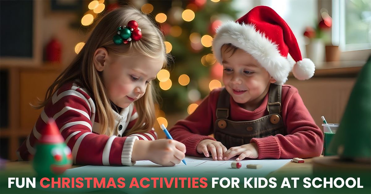 Two kids enjoying Christmas-themed crafts at school, with festive decorations and a glowing Christmas tree in the background.