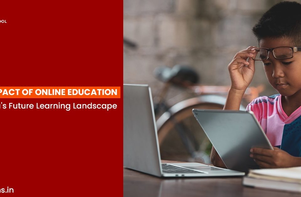 Young boy using a tablet for online education with a laptop nearby, text overlay: 'The Impact of Online Education on India's Future Learning.'