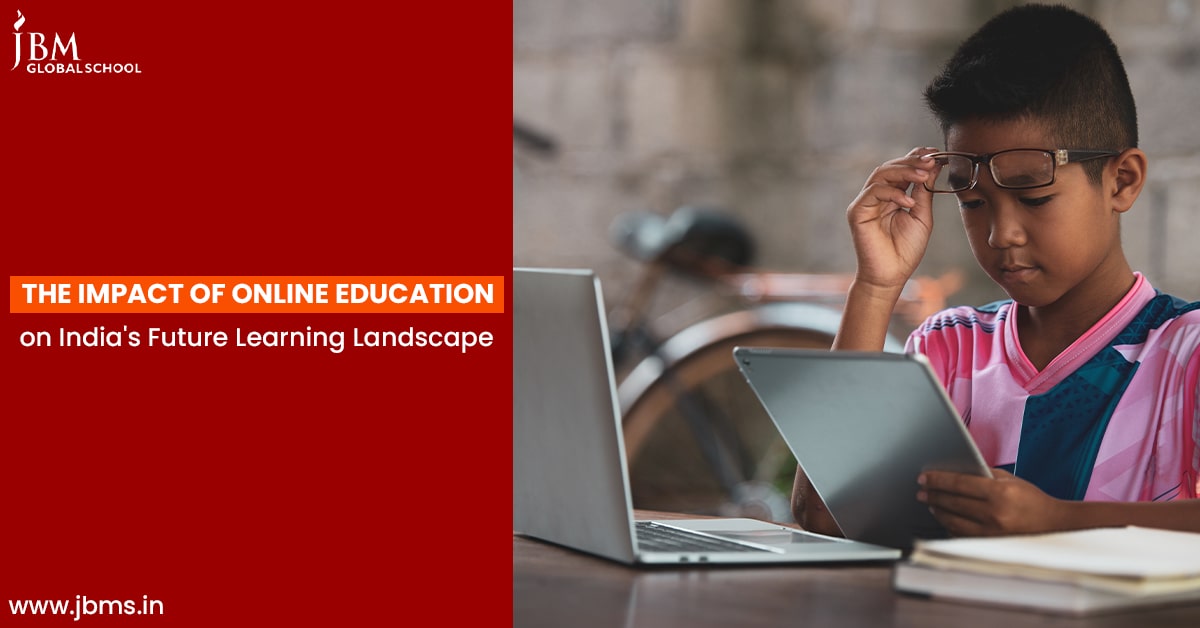 Young boy using a tablet for online education with a laptop nearby, text overlay: 'The Impact of Online Education on India's Future Learning.'