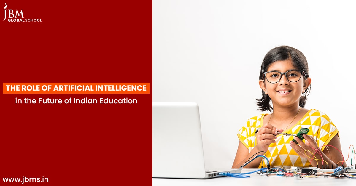 Girl with glasses working on electronics, holding a circuit board, laptop nearby, red banner with "The Role of AI in Indian Education."