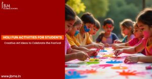 Holi fun activities for students – Kids enjoying creative art projects and colorful hand painting to celebrate the festival.