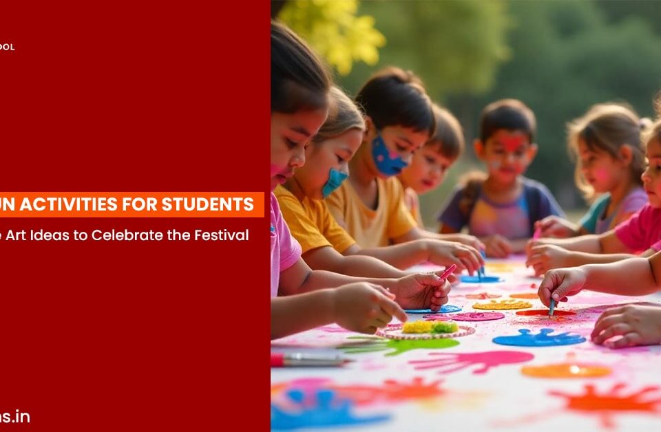 Holi fun activities for students – Kids enjoying creative art projects and colorful hand painting to celebrate the festival.