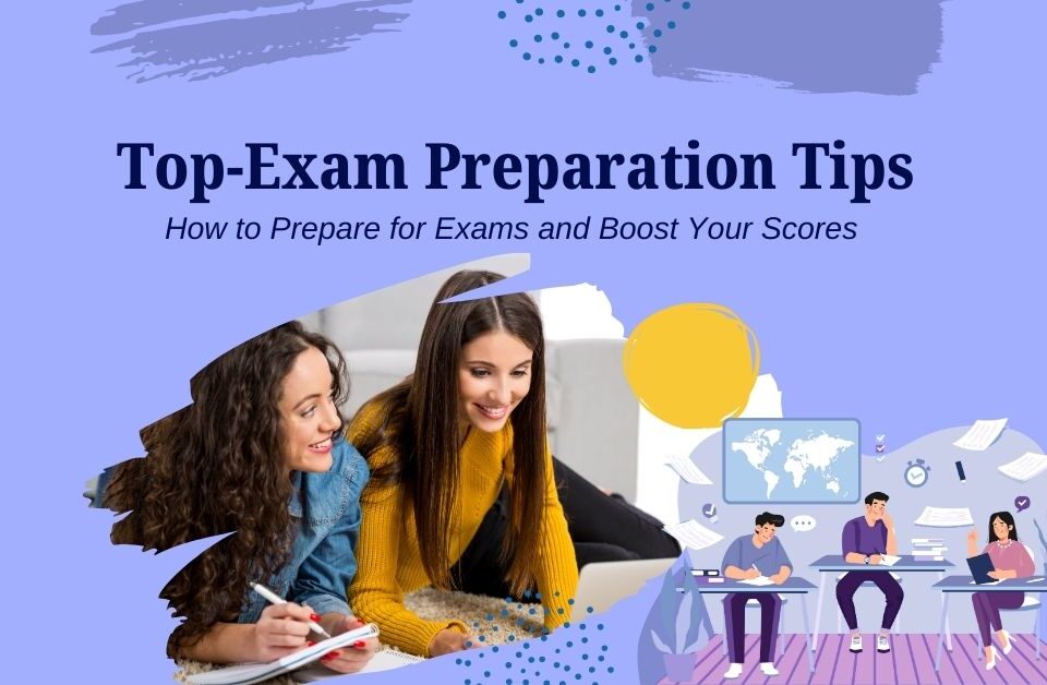 Students studying together with notes, books, and digital tools, highlighting top exam preparation tips for better scores