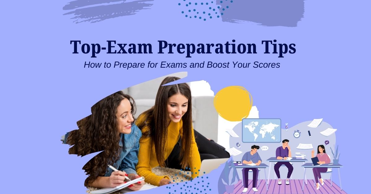 Students studying together with notes, books, and digital tools, highlighting top exam preparation tips for better scores