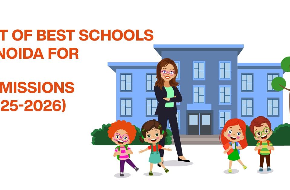 Illustration of a teacher and school children standing in front of a school building with text "List of Best Schools in Noida for Admissions (2025–2026)