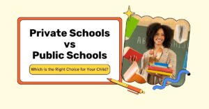 Smiling teacher holding books next to a comparison of private and public schools with the title 'Which is the Right Choice for Your Child?'