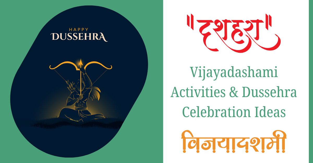 Happy Dussehra illustration with Lord Rama aiming a bow and arrow, symbolizing Vijayadashami activities and Dussehra celebration ideas.