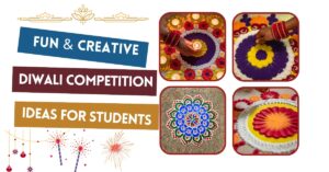 Creative Diwali competition ideas showing colorful rangoli patterns, traditional decorations, and fun festival activities for students