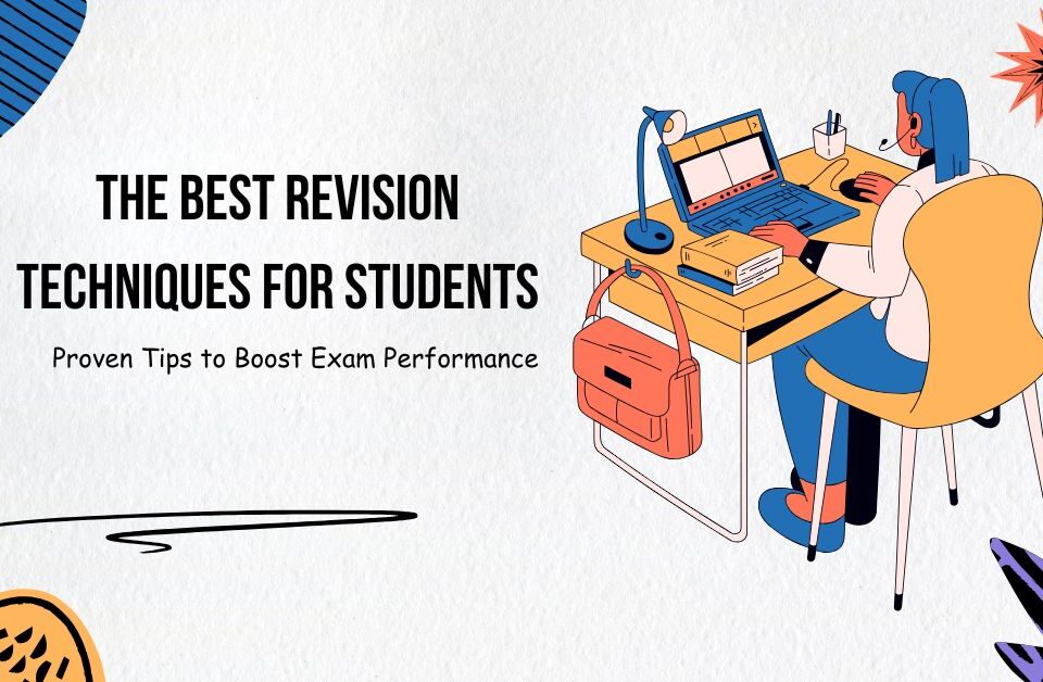 Student revising at a study desk with laptop and books – illustration representing the best revision techniques for students and exam preparation tips.