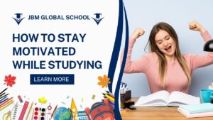 Student studying at a desk feeling motivated and energized, representing tips on how to stay motivated while studying.