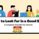 Illustration of parents and students with books highlighting what to look for in a good school