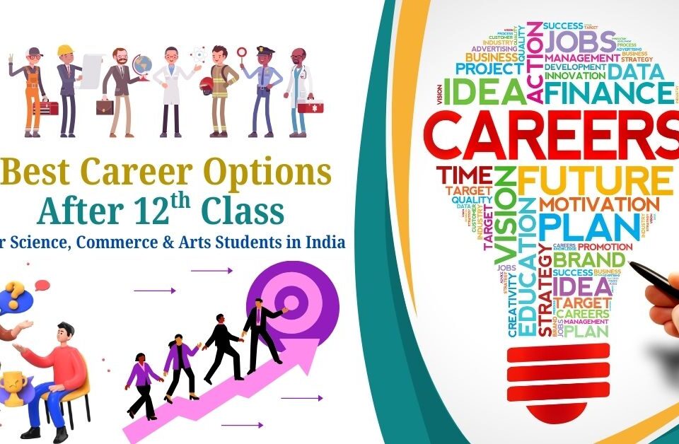 Best career options after 12th class for science, commerce, and arts students in India illustrated with career growth and planning concepts