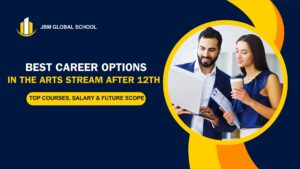 Two professionals discussing career options on a laptop representing best career options in arts stream after 12th with top courses salary and future scope.