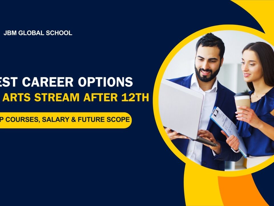 Two professionals discussing career options on a laptop representing best career options in arts stream after 12th with top courses salary and future scope.