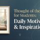 Inspirational illustration of a female student studying at a desk by a window with a globe, representing daily motivation and thought of the day for students.