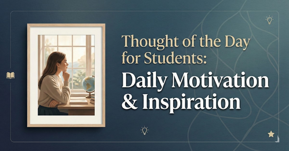 Inspirational illustration of a female student studying at a desk by a window with a globe, representing daily motivation and thought of the day for students.