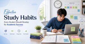 Student studying at a clean desk with laptop, books, notes, planner, and productivity elements representing effective study habits for academic success