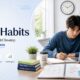 Student studying at a clean desk with laptop, books, notes, planner, and productivity elements representing effective study habits for academic success