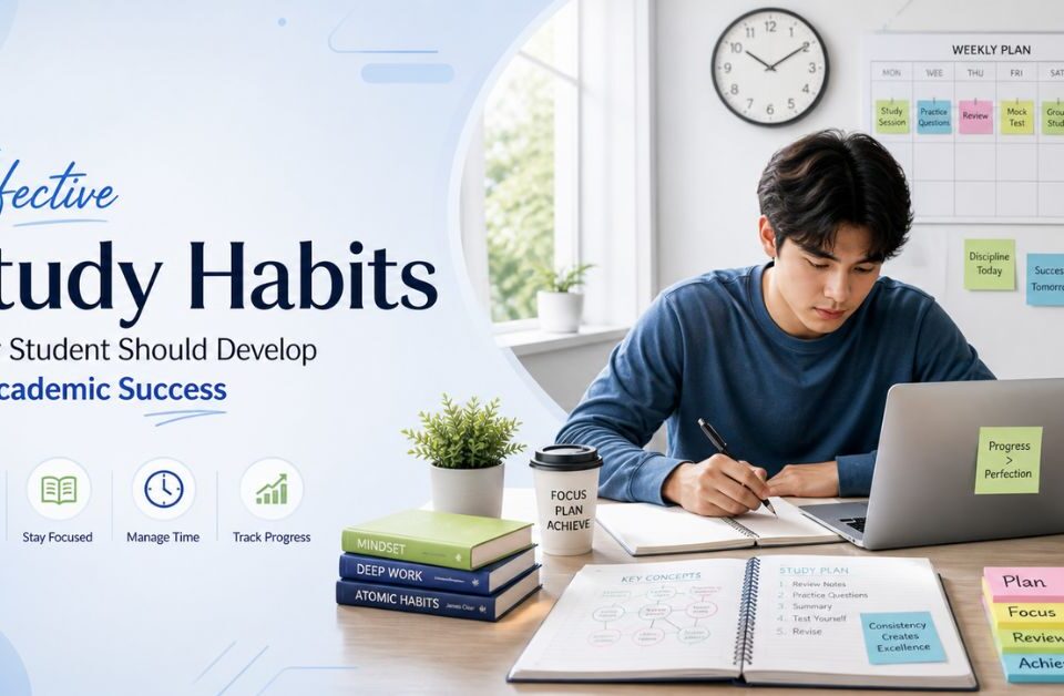Student studying at a clean desk with laptop, books, notes, planner, and productivity elements representing effective study habits for academic success