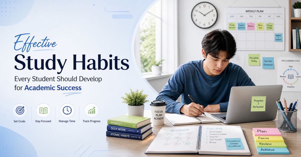 Student studying at a clean desk with laptop, books, notes, planner, and productivity elements representing effective study habits for academic success