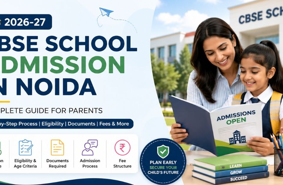 Parent and child reviewing CBSE school admission information in Noida for the 2026-27 academic session, including eligibility, documents, fees, and admission process.