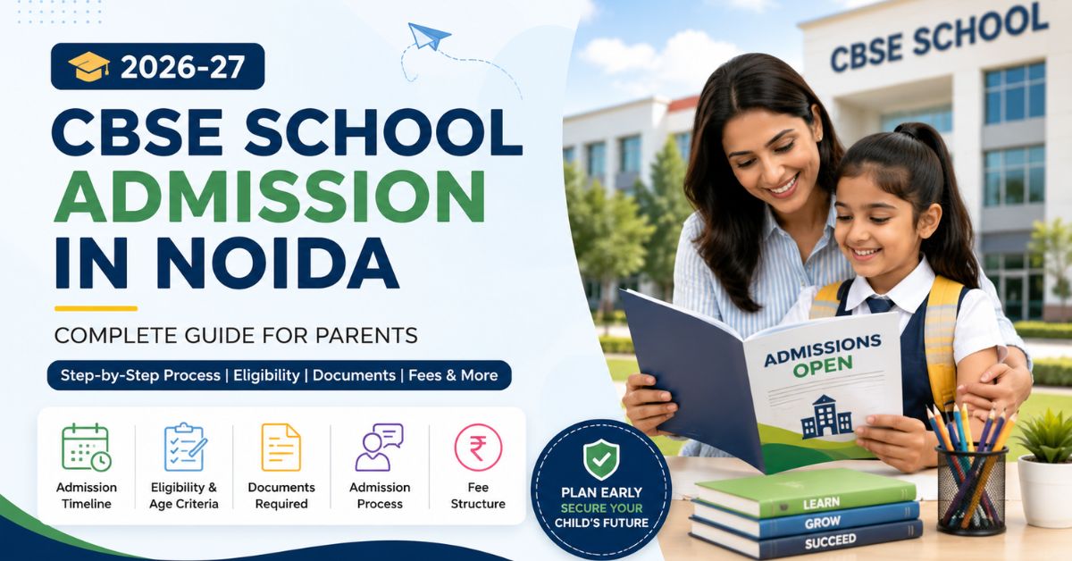 Parent and child reviewing CBSE school admission information in Noida for the 2026-27 academic session, including eligibility, documents, fees, and admission process.