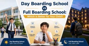 Comparison between day boarding school and full boarding school showing academic excellence, family balance, safety, supervision, and holistic development for children.