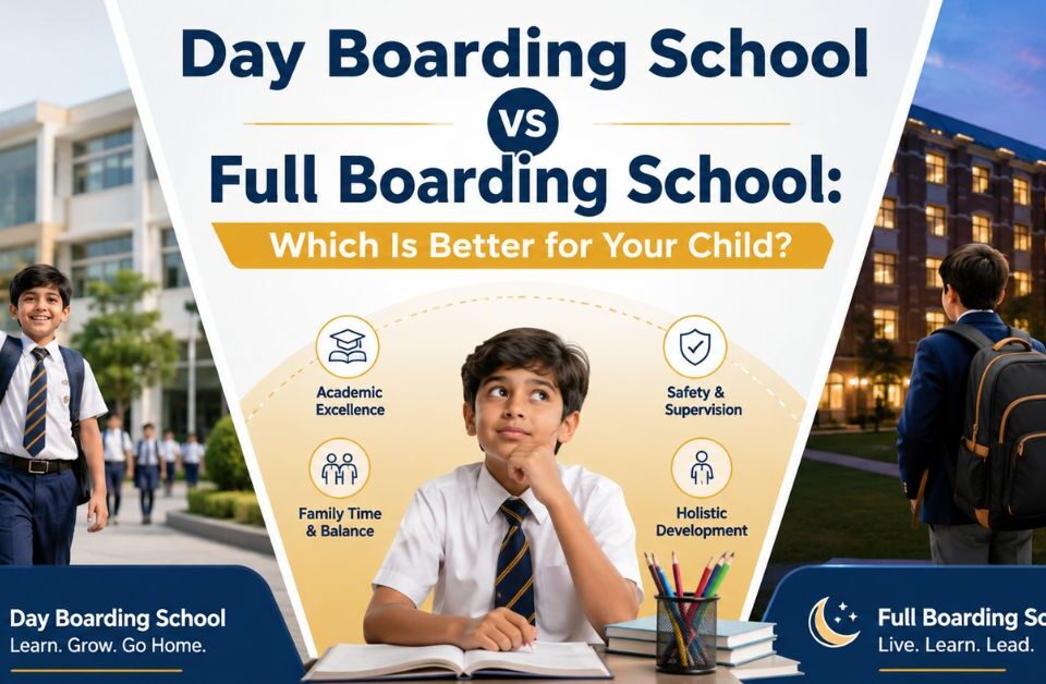 Comparison between day boarding school and full boarding school showing academic excellence, family balance, safety, supervision, and holistic development for children.