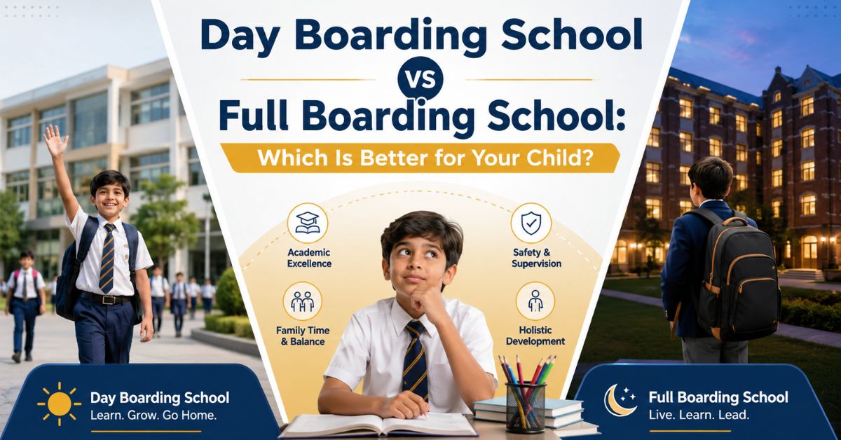 Comparison between day boarding school and full boarding school showing academic excellence, family balance, safety, supervision, and holistic development for children.