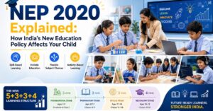 Modern classroom banner showing Indian school students and teacher engaged in activity-based learning under NEP 2020 with coding, science experiments, holistic education, and the 5+3+3+4 learning structure.