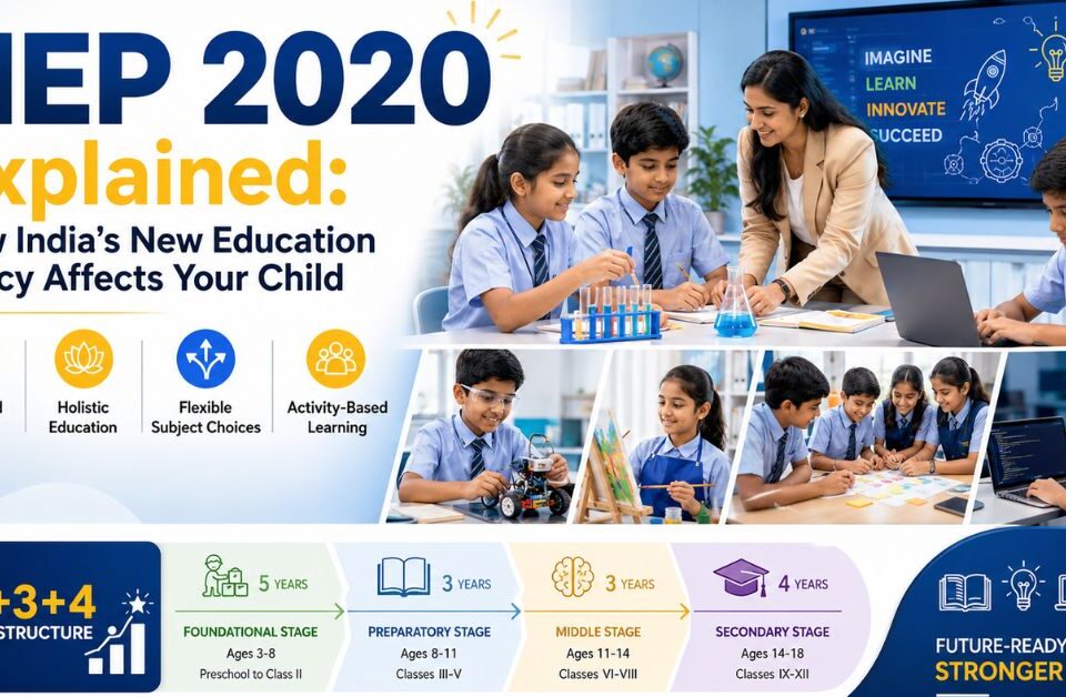 Modern classroom banner showing Indian school students and teacher engaged in activity-based learning under NEP 2020 with coding, science experiments, holistic education, and the 5+3+3+4 learning structure.