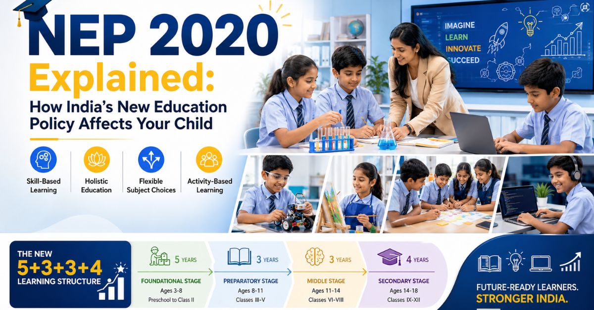 Modern classroom banner showing Indian school students and teacher engaged in activity-based learning under NEP 2020 with coding, science experiments, holistic education, and the 5+3+3+4 learning structure.