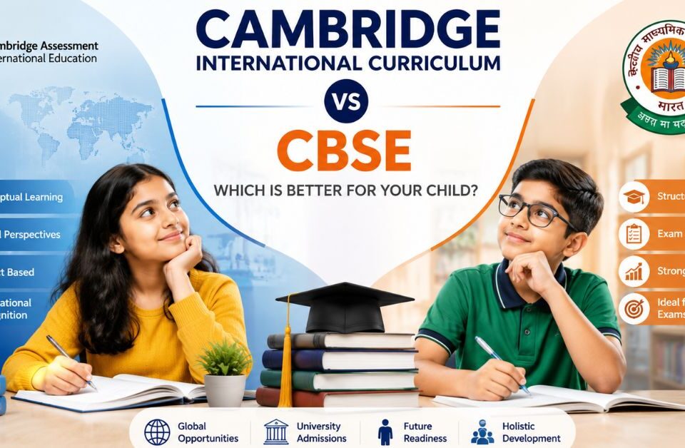 Cambridge Curriculum vs CBSE comparison showing key differences in learning approach, global recognition, competitive exam preparation, and academic pathways for students in India.