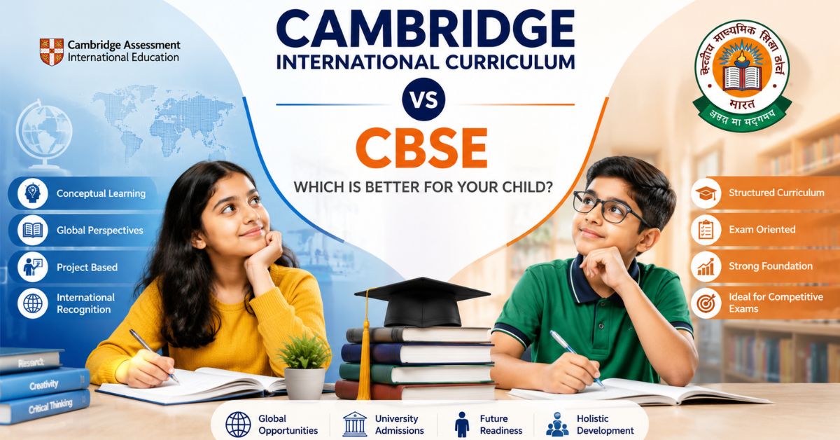 Cambridge Curriculum vs CBSE comparison showing key differences in learning approach, global recognition, competitive exam preparation, and academic pathways for students in India.