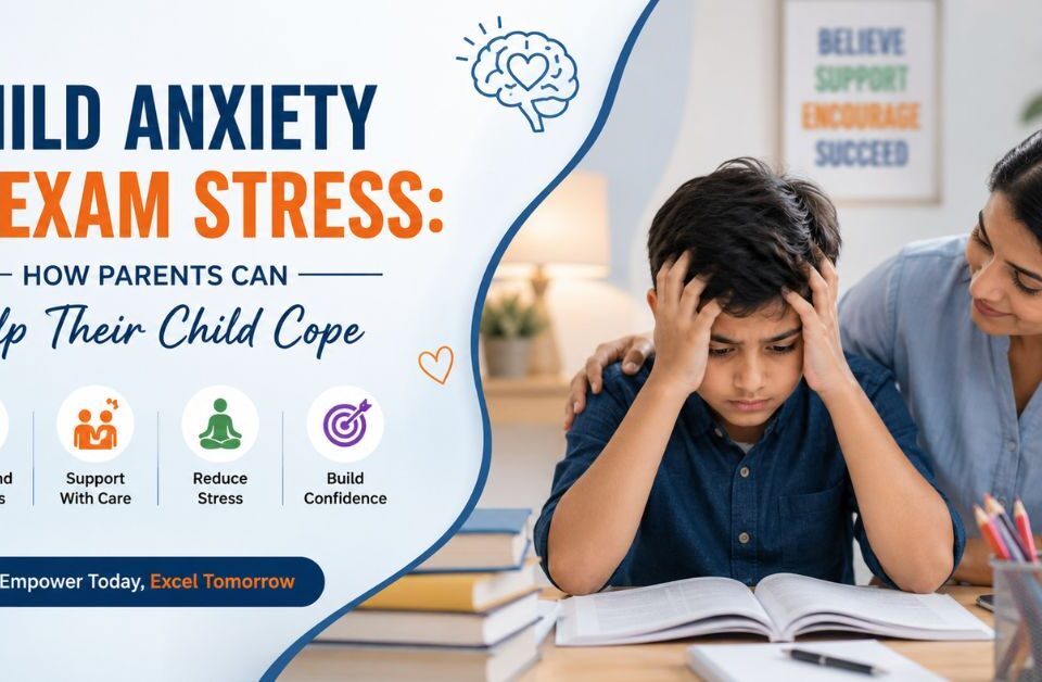 Parent comforting a child experiencing exam anxiety and stress while studying, illustrating practical ways parents can help children cope with exam pressure and improve emotional well-being.