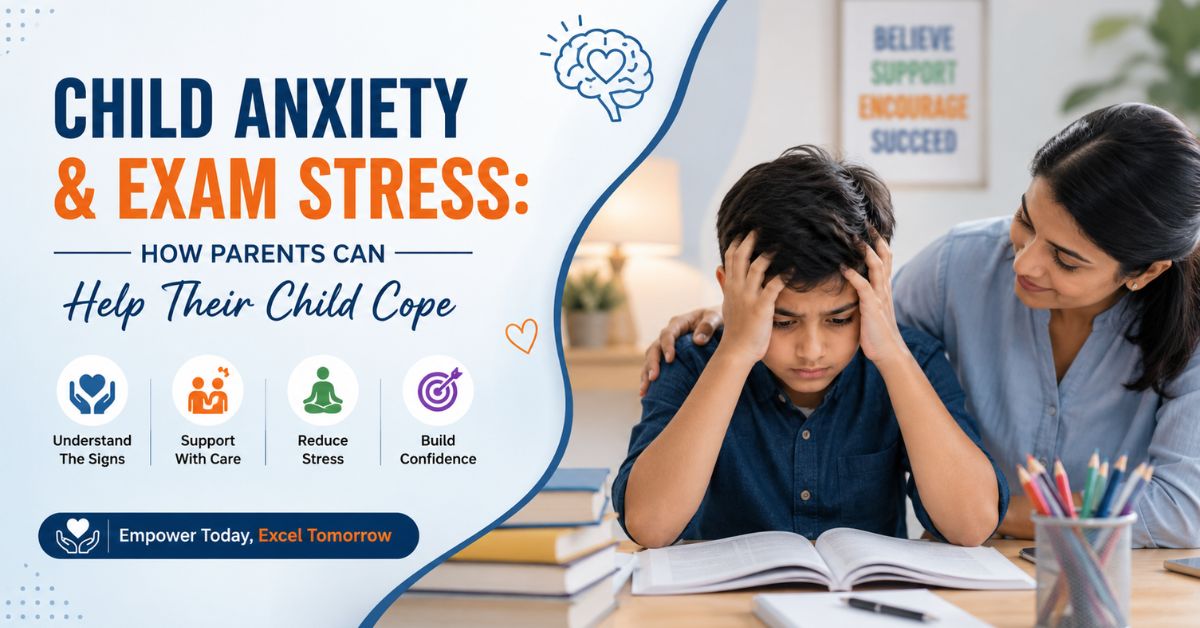 Parent comforting a child experiencing exam anxiety and stress while studying, illustrating practical ways parents can help children cope with exam pressure and improve emotional well-being.