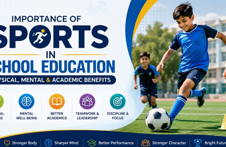Students participating in school sports activities highlighting the importance of sports in school education for physical fitness, mental well-being, academic performance, teamwork, and character development.