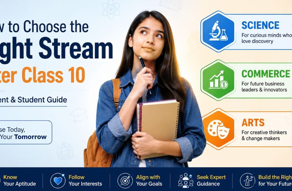 Student choosing the right stream after Class 10 with Science, Commerce, and Arts career options illustrated in an educational guide.