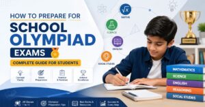 Student preparing for school Olympiad exams with Maths, Science, English, and reasoning study materials as part of a complete Olympiad preparation guide.